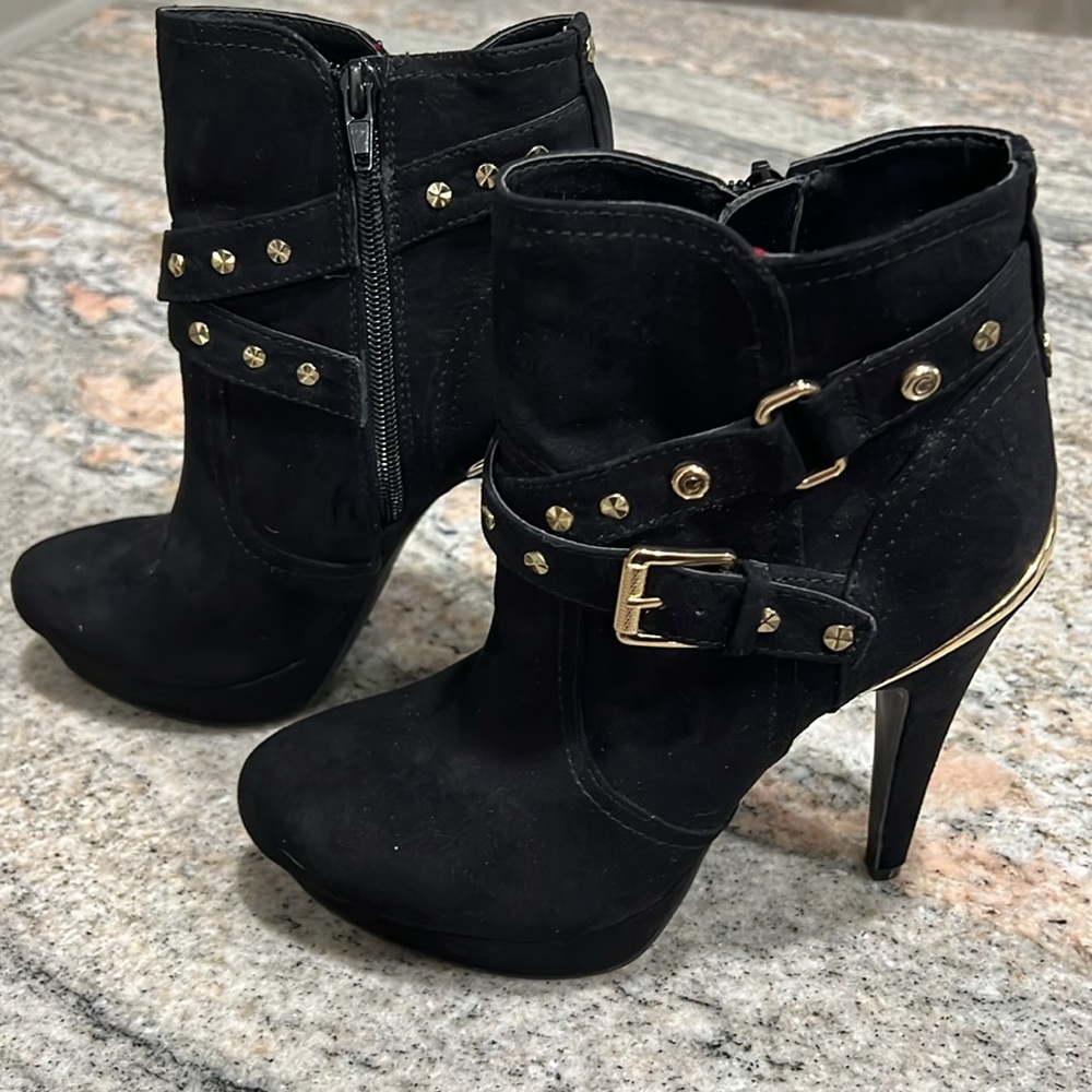 G by Guess Deeka Gold Studded Black Suede 5” Heeled Boots
